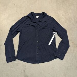 NWT CASLON Button Up Long Sleeve Shirt Women's M Cotton Navy
